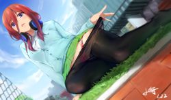 Rule 34 | 1girl, absurdres, black pantyhose, blouse, brown hair, cardigan, clothes pull, cloud, collared shirt, dated, day, dress shirt, from below, go-toubun no hanayome, grass, headphones, headphones around neck, highres, leaning to the side, long hair, microskirt, nakano miku, open mouth, outdoors, panties, pantyhose, purple eyes, red panties, school uniform, see-through, shirt, signature, sitting, skirt, sky, solo, underwear, white shirt, xiaoyu