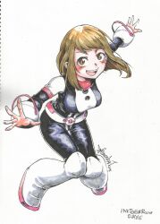 Rule 34 | 2018, absurdres, boku no hero academia, boots, breasts, brown eyes, brown hair, commentary, english commentary, eyebrows hidden by hair, full body, highres, ink (medium), inktober, knees together feet apart, large breasts, marker (medium), open mouth, outstretched arms, ravenhart, signature, smile, traditional media, uraraka ochako