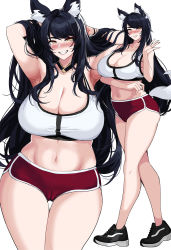 Rule 34 | 1girl, ahri (league of legends), animal ears, armpits, arms up, black footwear, black hair, black sports bra, bra, breasts, cleavage, commentary, dolphin shorts, facial mark, fox ears, fox tail, grin, hand in own hair, hella p, highres, hip bones, inset, kyuubi, large breasts, league of legends, midriff, navel, projected inset, red shorts, shoes, shorts, simple background, smile, sneakers, solo, sports bra, sportswear, tail, thick thighs, thigh gap, thighs, underwear, vastaya, waving, whisker markings, white background, white sports bra