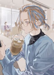 Rule 34 | 1boy, absurdres, bangs pinned back, black sweater, blonde hair, blue sweater, cafe, chamuring, ear piercing, from side, glasses, haitani rindou, highres, holding, iced coffee, indoors, looking at phone, low ponytail, male focus, multicolored hair, phone, piercing, purple eyes, short ponytail, sidelocks, streaked hair, sweater, tokyo revengers, upper body