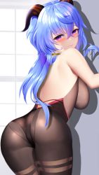 Rule 34 | 1girl, absurdres, against wall, ahoge, artist request, ass, bad id, bad pixiv id, bare shoulders, blue hair, blush, bodysuit, breasts, closed mouth, embarrassed, from behind, ganyu (genshin impact), genshin impact, goat horns, highres, horns, large breasts, leotard, long hair, looking at viewer, looking back, pantyhose, purple eyes, shadow, shiny clothes, shiny skin, sideboob, solo, very long hair