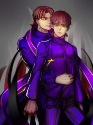 Rule 34 | 2boys, aged down, balusah, black keys (type-moon), brown eyes, brown hair, covering own eyes, cross, cross earrings, cross necklace, dual persona, earrings, fate/stay night, fate/zero, fate (series), jewelry, kotomine kirei, multiple boys, necklace, old, stole, time paradox