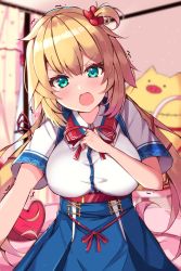 Rule 34 | 1girl, akai haato, akai haato (1st costume), blonde hair, blue eyes, blue skirt, blurry, blurry background, blush, breasts, collared shirt, hair between eyes, hair ornament, hand on own chest, heart, heart hair ornament, highres, hololive, indoors, large breasts, long hair, looking at viewer, mi taro333, miniskirt, motion lines, nail polish, neck ribbon, nose blush, one side up, open mouth, red ribbon, ribbon, shirt, short sleeves, skirt, solo, tears, virtual youtuber, white shirt