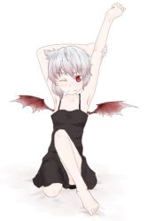 Rule 34 | 1girl, arm up, armpits, barefoot, female focus, full body, lingerie, nightgown, one eye closed, plantar flexion, red eyes, remilia scarlet, sacha, silver hair, solo, stretching, touhou, underwear, wings