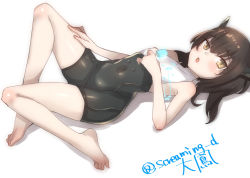 Rule 34 | 10s, 1girl, :o, armpits, bad id, bad pixiv id, bare shoulders, barefoot, bodysuit, brown eyes, brown hair, covered navel, feet, flat chest, food, food on body, hand on thigh, headgear, kantai collection, kyuuso inukami, looking at viewer, lying, melting, no pants, on back, open mouth, popsicle, short hair, signature, solo, taihou (kancolle), toes, unitard