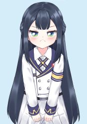 Rule 34 | 1girl, :&lt;, andvari (last origin), angry, blue hair, blush, braid, dark blue hair, french braid, frown, highres, holding, holding clothes, holding skirt, ineinnen, last origin, long hair, looking at viewer, simple background, skirt, solo, tearing up, tears, uniform, v-shaped eyebrows, very long hair, white skirt