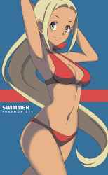 Rule 34 | 1girl, bikini, blonde hair, breasts, bright pupils, creatures (company), forehead, full body, game freak, green eyes, hand gesture, hand up, highres, long hair, looking at viewer, medium breasts, navel, nintendo, npc trainer, ocean, open mouth, peace symbol, pokemon, pokemon xy, red bikini, smile, solo, stomach, straight hair, swimmer (pokemon), swimsuit, tan, vivivoovoo, white pupils