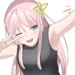 Rule 34 | 1girl, absurdres, armpits, bang dream!, bang dream! it&#039;s mygo!!!!!, beniyomogi, black shirt, blush, chihaya anon, commentary request, drawn star, fang, grey eyes, highres, long hair, one eye closed, open mouth, pink hair, selfie, shirt, simple background, sleeveless, sleeveless shirt, solo, teeth, upper teeth only, v, v over eye, white background