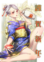 Rule 34 | 1girl, alcohol, bad id, bad pixiv id, barefoot, choko (cup), cup, hair ornament, japanese clothes, kimono, legs, lips, ojyou, original, red eyes, sake, short hair, silver hair, sitting, solo