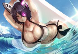 Rule 34 | 10s, 1girl, armpits, arms up, bent over, blush, breasts, cleavage, curvy, eyepatch, gradient background, headgear, hews, huge breasts, kantai collection, leaning forward, looking at viewer, purple hair, sharp teeth, short hair, solo, swimsuit, teeth, tenryuu (kancolle), tidal wave, water, wet, wet clothes, wide hips, yellow eyes