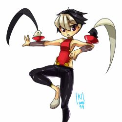 Rule 34 | 1girl, bare shoulders, bird, black hair, breasts, chinese clothes, earrings, feng (skullgirls), jewelry, lakilolom, lowleg, lowleg pants, multicolored hair, navel, open mouth, pants, purple eyes, short hair, skin tight, skullgirls, small breasts, solo, som, two-tone hair, vambraces, white hair