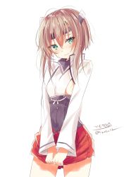 Rule 34 | 1girl, aqua eyes, blush, breasts, brown hair, hair between eyes, hair ornament, headband, headgear, highres, hizaka, kantai collection, long sleeves, looking at viewer, one-hour drawing challenge, pleated skirt, red skirt, shirt, short hair, simple background, skirt, small breasts, solo, taihou (kancolle), twitter username, white background