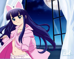 Rule 34 | 00s, 1girl, animal ears, black hair, blue eyes, blush, cat ears, collarbone, curtains, fake animal ears, hazuki (tsukuyomi), jacket, long hair, long sleeves, looking at viewer, midriff, moon, navel, night, open clothes, open jacket, partially unbuttoned, pink jacket, skirt, sky, sleeves past wrists, smile, standing, star (sky), starry sky, tsukuyomi moonphase, wall, white skirt, window