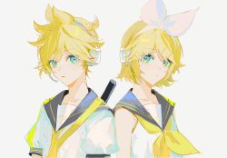 Rule 34 | 1boy, 1girl, bare shoulders, bass clef, blonde hair, blue eyes, bow, brother and sister, collarbone, commentary, expressionless, fortissimo, grey background, hair bow, hair ornament, hairclip, headphones, headset, highres, instrument, instrument on back, kagamine len, kagamine rin, keytar, looking at viewer, musical note, neckerchief, necktie, nima (nimamann), parted lips, ponytail, ribbon, sailor collar, school uniform, shirt, short hair, short ponytail, short sleeves, siblings, side-by-side, simple background, sleeveless, sleeveless shirt, spiked hair, swept bangs, twins, upper body, vocaloid, white background, white bow, white shirt, yellow neckerchief, yellow ribbon