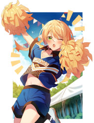 Rule 34 | 1boy, ;o, absurdres, arm up, bishounen, blonde hair, blue shorts, blue sky, blush, border, bush, cheerleader, clothes writing, cloud, collarbone, collared shirt, commentary request, day, ensemble stars!, forest, green eyes, hair between eyes, hand up, highres, holding, holding pom poms, leg up, looking at viewer, male focus, nature, navel, notice lines, one eye closed, open mouth, outside border, pennant, pom pom (cheerleading), pom poms, print shirt, shiratori aira (ensemble stars!), shirt, shoes, short hair, short sleeves, shorts, sidelocks, sky, sneakers, solo, stomach, string of flags, sweatdrop, teeth, tooka 4120, tree, upper teeth only, white border, white footwear, white shirt, wing collar
