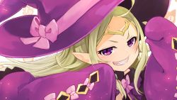 Rule 34 | 1girl, bow, circlet, fire emblem, fire emblem awakening, fire emblem heroes, green hair, grin, halloween costume, hat, highres, long hair, nakabayashi zun, nintendo, nowi (fire emblem), pink bow, pointy ears, purple eyes, sleeves past fingers, sleeves past wrists, smile, solo, witch hat