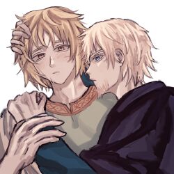 Rule 34 | 2boys, beard, blonde hair, blue eyes, brown eyes, canute, eyelashes, facial hair, facial scar, hand on another&#039;s head, hand on another&#039;s shoulder, harumakijiro, highres, king, looking at viewer, male focus, multiple boys, multiple scars, profile, scar, scar on cheek, scar on face, scar on nose, short hair, simple background, thorfinn, viking, vinland saga, white background, yaoi