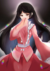 Rule 34 | 1girl, absurdres, black background, black hair, bow, brown eyes, chirihouki, closed mouth, highres, houraisan kaguya, light particles, long hair, long sleeves, looking at viewer, pink shirt, rainbow gradient, red skirt, shirt, skirt, solo, touhou, white bow, wide sleeves
