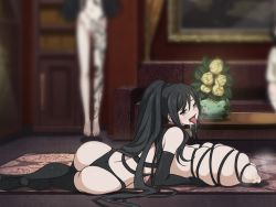 Rule 34 | 3girls, arm support, ass, bdsm, bell, black eyes, black footwear, black gloves, black hair, black legwear, black panties, blurry, blurry background, bondage, bound, breast bondage, breasts, carpet, clockup, collar, crying, crying with eyes open, drooling, elbow gloves, euphoria (clockup), flower, game cg, gigantic breasts, gloves, hamashima shigeo, high ponytail, highleg, highleg panties, indoors, lactation, long hair, multiple girls, natsuki aoi, neck bell, nipples, no eyewear, on floor, panties, ponytail, rose, saliva, solo focus, suspension, tattoo, teacher, tears, thighhighs, thong, tongue, tongue out, underwear, very long hair, yellow flower, yellow rose