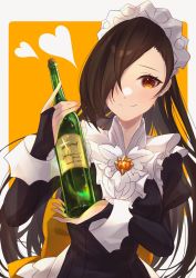 Rule 34 | 1girl, bottle, bridal gauntlets, brooch, closed mouth, collared shirt, commission, fire emblem, fire emblem fates, fire emblem heroes, halloween, halloween costume, highres, holding, holding bottle, jewelry, kagero (fire emblem), long hair, looking at viewer, maid, maid headdress, mizuku, nintendo, official alternate costume, shirt, skeb commission, smile, upper body, wine bottle