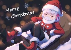 Rule 34 | 1girl, alternate costume, black gloves, black pantyhose, boots, chimney, christmas, commentary, dress, english commentary, english text, fake facial hair, fake mustache, fate/grand order, fate (series), fur-trimmed dress, fur-trimmed footwear, fur-trimmed headwear, fur-trimmed sleeves, fur trim, gloves, hair ribbon, hat, highres, kama (fate), kama (first ascension) (fate), long sleeves, looking at viewer, lucky ckm, merry christmas, pantyhose, pink ribbon, red dress, red eyes, red footwear, red hat, ribbon, rooftop, sack, santa costume, santa hat, short hair, snow, snowflakes, snowing, solo, stuck, white hair