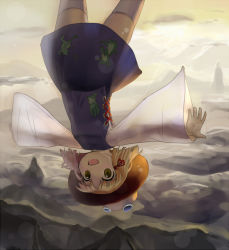 Rule 34 | 1girl, :d, bad id, bad pixiv id, blonde hair, falling, female focus, hat, looking at viewer, moriya suwako, mountain, open mouth, outstretched arms, see-through, smile, solo, spread arms, thighhighs, tottema, touhou, upside-down, yellow eyes