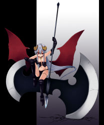 Rule 34 | axe, boots, demon girl, double bladed axe, elbow gloves, gloves, horns, pangea, red eyes, solo, weapon, wings