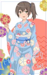 Rule 34 | 1girl, :d, absurdres, alternate costume, blue kimono, blush, brown hair, dated, hair between eyes, hair tie, happy new year, highres, japanese clothes, kaga (kancolle), kantai collection, kimono, maonatten, new year, open mouth, side ponytail, smile, solo