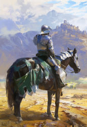 Rule 34 | 1boy, armor, blue sky, breastplate, castle, cloud, cloudy sky, day, facing away, from behind, full armor, gauntlets, greaves, helmet, highres, horseback riding, knight, ling xiang, male focus, original, outdoors, plate armor, reins, riding, saddle, shoulder armor, signature, sitting, sky, solo, pauldrons, visor (armor)