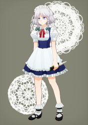 Rule 34 | apron, blue eyes, blue skirt, bow, braid, frilled apron, frilled skirt, frilled socks, frills, gradient hair, grey background, grey hair, hair bow, holding, holding weapon, izayoi sakuya, knife, legs, maid, maid apron, maid headdress, mary janes, marydill, multicolored hair, patterned, puffy sleeves, ribbon, shoes, short sleeves, skirt, socks, solo, touhou, twin braids, weapon