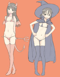 Rule 34 | 2girls, arms behind back, bikini, black bikini, black eyes, black hair, black legwear, black panties, blush, breasts, cape, collarbone, crossed legs, demon girl, demon horns, demon tail, demon wings, flat color, full body, groin, hair between eyes, hands on own hips, hat, head tilt, hip bones, holding, horns, leaning forward, light smile, long hair, looking at viewer, lowleg, lowleg bikini, lowleg panties, micro bikini, mini wings, multiple girls, navel, o-ring, o-ring bikini, o-ring bottom, o-ring top, orange background, original, panties, petite, pointy ears, polearm, red bikini, red legwear, red panties, shimano natsume, short hair, short twintails, simple background, sketch, small breasts, smile, standing, swimsuit, tail, thigh gap, thighhighs, trident, twintails, underwear, weapon, wings, witch, witch hat