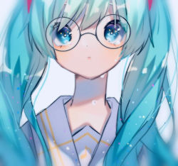 Rule 34 | 1girl, aqua eyes, aqua hair, bad id, bad pixiv id, collar, collared shirt, commentary, crying, crying with eyes open, eighth note, expressionless, glasses, hatsune miku, long hair, long neck, looking at viewer, mrt mr, musical note, musical note print, sailor collar, school uniform, shirt, solo, tears, twintails, upper body, vocaloid, white collar