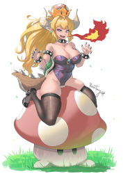 Rule 34 | 1girl, armlet, bare shoulders, black collar, black leotard, black thighhighs, blonde hair, blue eyes, blush, bosstseng, bowsette, bracelet, breasts, breath weapon, breathing fire, cleavage, collar, crown, fang, fingernails, fire, high heels, horns, jewelry, large breasts, leotard, long hair, looking at viewer, mario (series), new super mario bros. u deluxe, nintendo, open mouth, pointy ears, ponytail, sharp fingernails, sharp teeth, solo, spiked armlet, spiked bracelet, spiked collar, spiked shell, spikes, super crown, teeth, thighhighs, turtle shell, upper body, wide hips