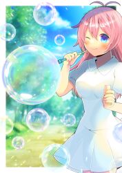 Rule 34 | 1girl, antenna hair, blue eyes, blue sky, blurry, blurry background, bottle, breasts, blowing bubbles, bubble pipe, cloud, collared dress, commentary request, commission, day, depth of field, dress, holding, holding bottle, kou hiyoyo, long hair, medium breasts, original, pink hair, pleated dress, puffy short sleeves, puffy sleeves, short sleeves, skeb commission, sky, solo, tree, white dress