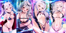 Rule 34 | 4girls, :d, absurdres, armpits, bikini, black bikini, black collar, black hair, breasts, breasts apart, cleavage, closed mouth, collar, ear piercing, grey eyes, grey hair, gun, hair between eyes, hair ornament, hairclip, highres, holding, holding gun, holding weapon, hololive, horns, jacket, large breasts, long hair, looking at viewer, medium breasts, mizuno kurage, multi-strapped bikini, multicolored hair, multiple girls, murasaki shion, nakiri ayame, navel, open clothes, open jacket, open mouth, palm tree, piercing, red eyes, red hair, sakamata chloe, shishiro botan, skin-covered horns, small breasts, smile, stomach, streaked hair, string bikini, swimsuit, tree, twintails, v-shaped eyebrows, virtual youtuber, weapon, wet, white hair, x hair ornament, yellow eyes