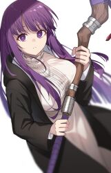 Rule 34 | 1girl, black coat, blunt bangs, breast press, breasts, closed mouth, coat, dress, fern (sousou no frieren), highres, holding, holding staff, large breasts, long hair, long sleeves, looking at viewer, mage staff, motion blur, profnote, purple eyes, purple hair, purple ribbon, ribbon, simple background, sousou no frieren, staff, white background, white dress