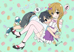 Rule 34 | 1boy, 1girl, :p, :q, belt, black hair, blonde hair, blue eyes, character name, commentary request, full body, long hair, looking at viewer, mikami mika, mirai (mikami mika), original, pink thighhighs, reverse trap, shirt, short hair, short sleeves, shorts, simple background, sitting, striped clothes, striped thighhighs, t-shirt, thighhighs, tongue, tongue out, trap, twintails, vertical-striped clothes, vertical-striped thighhighs, very long hair, yellow eyes, yugami (mikami mika), zettai ryouiki