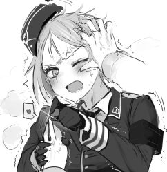 Rule 34 | 1girl, akitaka takaaki, anger vein, angry, armband, black gloves, black neckwear, blush, collared shirt, forced, frown, garrison cap, girls&#039; frontline, gloves, greyscale, hand grab, hand on another&#039;s head, hat, heart, heavy breathing, highres, holding, holding jewelry, holding ring, jewelry, long sleeves, looking at viewer, military, military hat, military uniform, monochrome, mp40 (girls&#039; frontline), necktie, one eye closed, open mouth, ring, shirt, short hair, simple background, solo focus, spoken heart, sweat, trembling, uniform, upper body, white background, white shirt
