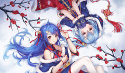 Rule 34 | 2girls, ahoge, bare shoulders, bell, bili girl 22, bili girl 33, bilibili, blue capelet, blue hair, blue mittens, blush, branch, brown eyes, capelet, carminar, china dress, chinese clothes, commentary request, covered mouth, dress, feet out of frame, flower, fur-trimmed capelet, fur-trimmed dress, fur-trimmed hood, fur-trimmed mittens, fur trim, hair bell, hair between eyes, hair ornament, hair ribbon, hands up, highres, hood, hood up, hooded capelet, jingle bell, knees up, long hair, lying, mittens, multiple girls, on back, on side, red dress, red eyes, red flower, red ribbon, ribbon, sleeveless, sleeveless dress, snow, thighhighs, very long hair, white legwear, winter