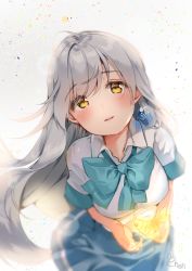 Rule 34 | 1girl, ahoge, animal, blue bow, blue bowtie, blue skirt, blurry, blush, bow, bowtie, breasts, cheli (kso1564), collared shirt, commentary request, depth of field, earrings, fish, from above, glint, gradient background, grey background, grey hair, head tilt, highres, irozuku sekai no ashita kara, jewelry, long hair, looking at viewer, looking up, medium breasts, miniskirt, parted lips, pleated skirt, school uniform, shirt, short sleeves, sidelocks, signature, skirt, solo, standing, tsukishiro hitomi, very long hair, white background, white shirt, yellow eyes