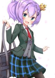 Rule 34 | 1girl, :d, ame., azur lane, bag, blazer, blush, collared shirt, commentary request, crown, fang, green blazer, green eyes, green skirt, grey vest, hair between eyes, hand up, holding, holding bag, jacket, javelin (azur lane), mini crown, necktie, open clothes, open jacket, open mouth, petals, plaid, plaid skirt, pleated skirt, purple hair, red necktie, school bag, shirt, simple background, skirt, smile, solo, vest, white background, white shirt