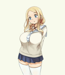 Rule 34 | 1girl, arms behind back, blue eyes, blue skirt, braid, breasts, cowboy shot, hair over shoulder, highres, large breasts, long hair, original, parted bangs, pas (paxiti), pleated skirt, rope, school uniform, serafuku, shibari, shibari under clothes, simple background, single braid, skindentation, skirt, solo, standing, thick thighs, thighhighs, thighs, when you see it, white thighhighs