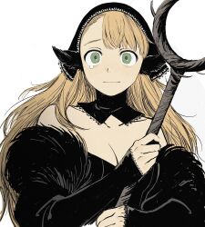 Rule 34 | 1girl, bare shoulders, black dress, black hood, blonde hair, breasts, cleavage, closed mouth, detached hood, detached sleeves, dress, dungeon meshi, ear covers, elf, frs2, green eyes, highres, holding, holding staff, hood, hood up, long hair, looking at viewer, marcille donato, marcille donato (lord), official alternate costume, pointy ears, sleeves past wrists, solo, spoilers, staff, tearing up, upper body, white background