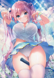 Rule 34 | 1girl, absurdres, arms up, between thighs, blue eyes, blue skirt, bra visible through clothes, breasts, bug, butterfly, cameltoe, cherry blossoms, cleavage, closed mouth, clothes lift, commentary request, day, frilled panties, frills, hair between eyes, hair ribbon, highres, insect, kino (kino konomi), large breasts, long hair, looking at viewer, midriff peek, navel, non-web source, original, outdoors, panties, pink hair, racket, ribbon, shirt, short sleeves, skirt, skirt lift, sky, smile, solo, sportswear, tennis, tennis net, tennis racket, tennis uniform, thighhighs, thighs, twintails, unbuttoned, unbuttoned shirt, underwear, white panties, white shirt, white thighhighs