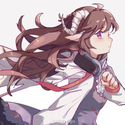 Rule 34 | 1girl, ahoge, animal ears, arknights, brown hair, dress, eyjafjalla (arknights), from side, highres, horns, long hair, looking at viewer, mask, mask around neck, purple dress, red eyes, sheep ears, sheep girl, sheep horns, simple background, solo, upper body, weibo watermark, white background, white sleeves, xuan you night
