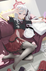 1girl absurdres aru_(blue_archive) black_pantyhose black_scrunchie black_shirt blue_hair blush closed_mouth couch doodle_sensei_(blue_archive) hair_between_eyes hair_ornament hair_scrunchie high-waist_skirt highres holding holding_stuffed_toy long_hair looking_at_viewer lying mutsuki_(blue_archive) no_shoes on_couch on_side pantyhose plaid_clothes plaid_skirt purple_eyes red_skirt roruki scrunchie sensei_(blue_archive) shirt short_sleeves side_ponytail sidelocks skirt smile stuffed_toy w white_hair