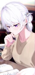 Rule 34 | 1girl, absurdres, elbow rest, glasses, hair intakes, hair ornament, hairclip, highres, holding, holding pen, ine (vtuber), jirari, long sleeves, looking down, nib pen (object), notebook, pen, purple eyes, purple nails, ribbed sweater, side ponytail, solo, studying, sweater, table, virtual youtuber, waktaverse, white hair, yellow sweater