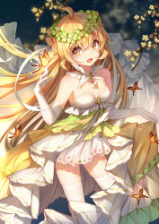 Rule 34 | 1girl, ahoge, bible bullet, bison cangshu, blonde hair, blurry, breasts, bug, butterfly, depth of field, dress, elbow gloves, gloves, hair between eyes, hand up, highres, insect, long hair, looking at viewer, official art, open mouth, petals, small breasts, smile, solo, standing, tareme, thighhighs, white dress, white gloves, white thighhighs, wreath, yellow eyes