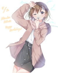 Rule 34 | 168 azusa, 1girl, ;), artist name, black skirt, brown coat, character name, closed mouth, coat, coin, commentary request, cowboy shot, dated, electricity, electrokinesis, english text, hands up, happy birthday, highres, holding, holding coin, misaka mikoto, one eye closed, open clothes, open coat, pencil skirt, simple background, skirt, smile, solo, standing, toaru kagaku no railgun, toaru majutsu no index, twitter username, watermark, white background