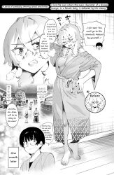 Rule 34 | 2boys, 2girls, absurdres, barefoot, breasts, cleavage, closed eyes, closed mouth, comic, english text, full body, genderswap, genderswap (mtf), glasses, greyscale, hair between eyes, hand on own hip, hard-translated, highres, horie ryuu, indoors, japanese clothes, kimono, long hair, looking at viewer, medium breasts, messy hair, monochrome, multiple boys, multiple girls, open mouth, original, short hair, speech bubble, third-party edit, translated, yukata